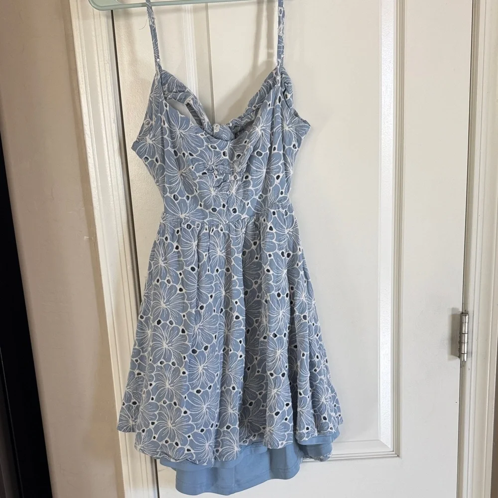 Lulus Charming Babe Blue Embroidered Floral Tie-Back Mini Dress / B33 - Picture 5 of 6